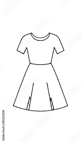Stylized dress illustration featuring a short-sleeve bodice and flared skirt.