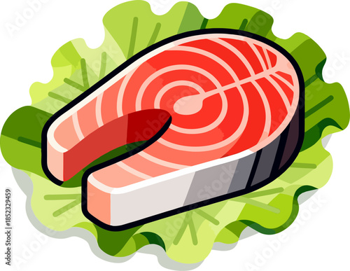 Flat Vector Illustration of Tuna Steak with Spiral Cut on Lettuce