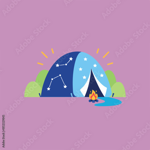 A whimsical cartoon illustration depicts a blue camping tent with night and day themes, a campfire, and a river in a serene outdoor setting.