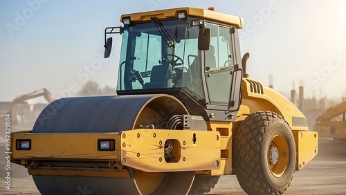 Powerful yellow road roller on a construction site, actively engaged in compacting ground for infrastructure development, ready for efficient surface preparation