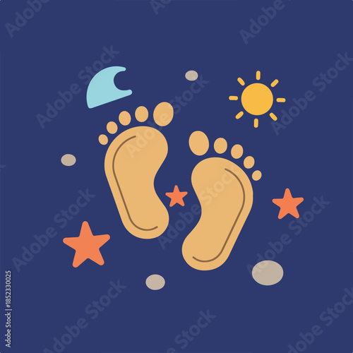 Stylized baby footprints surrounded by sun, moon, and stars on a deep blue background, evoking a sense of time and gentle exploration.