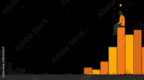 Silhouette of person contemplating under starry sky above abstract bars