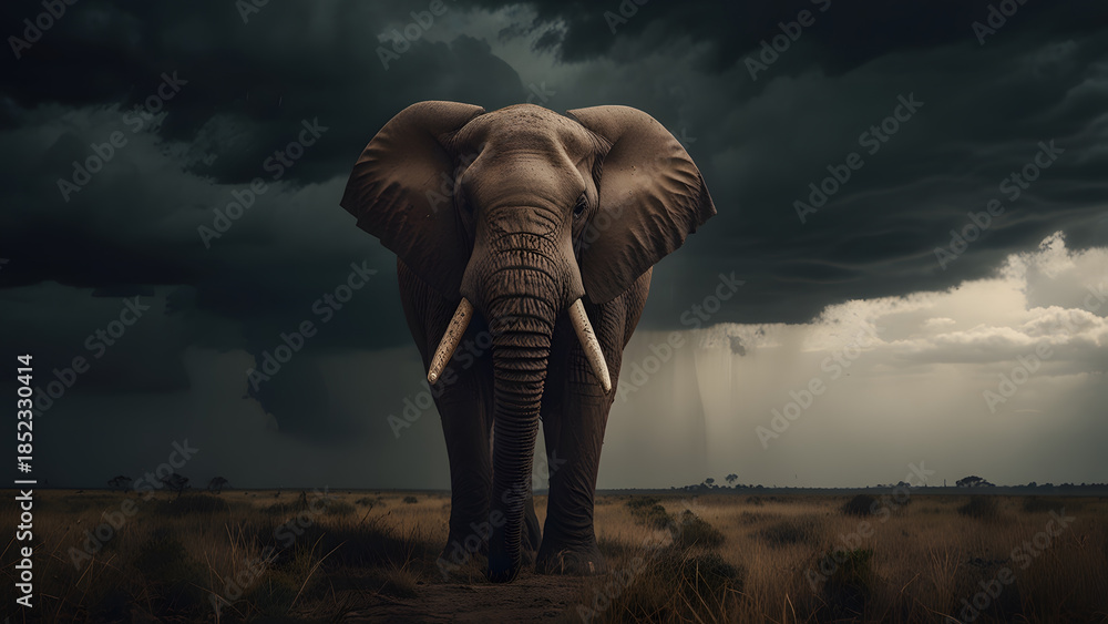 Obraz premium Massive African elephant standing on dry savanna under dark dramatic stormy sky. Nature concept