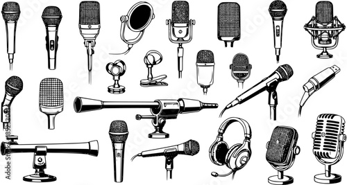 Audio Production Equipment Vector Set: Black and White Hand-Drawn Line Art Collection of Microphones and Headphones for Music, Broadcasting, Podcasting, and Communication Design