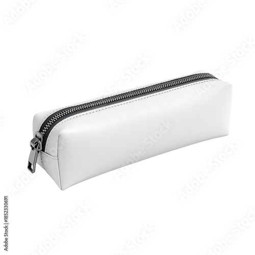 Rectangular white pencil case with zipper closure, lying at an angle