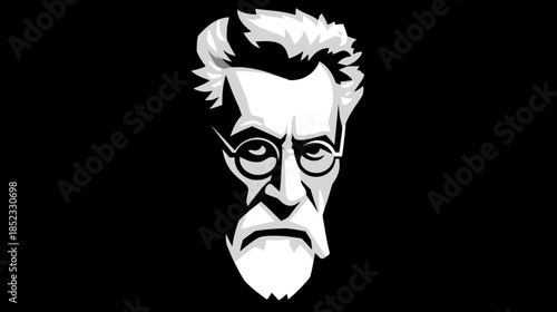 Monochromatic portrait illustration of a man with glasses and beard on black background