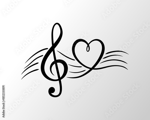 Stylized treble clef intertwined with a heart symbol representing love for music