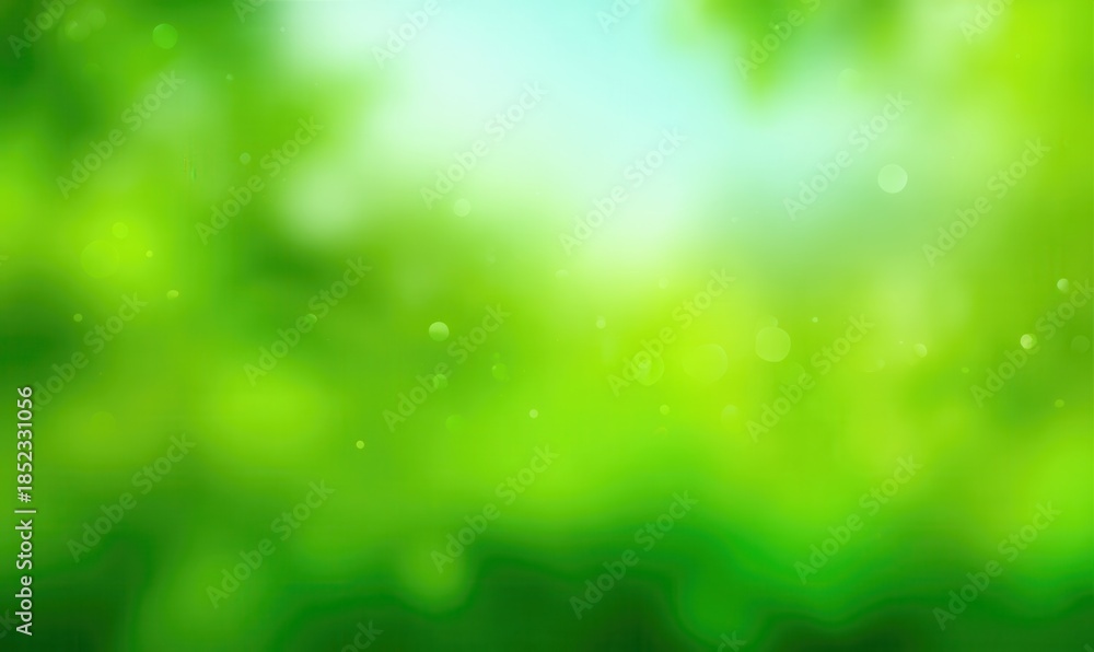 Fototapeta premium Green nature abstract background with soft bokeh light effect. Fresh spring summer eco environment design template with bright sunshine glow. Dreamy peaceful harmony growth life energy wellness.