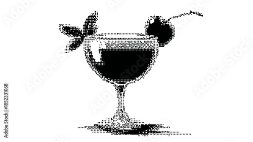 Elegant cocktail with cherry garnish in black and white illustration
