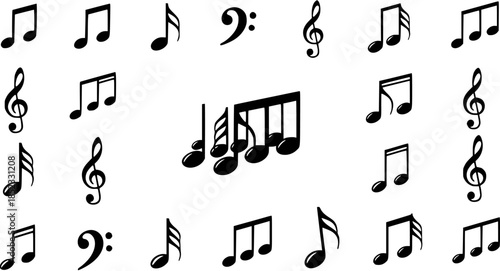 Music Notes and Clefs Vector Icons Set - Black and White Flat Glyph Musical Symbols for Art, Education, and Entertainment Design Elements