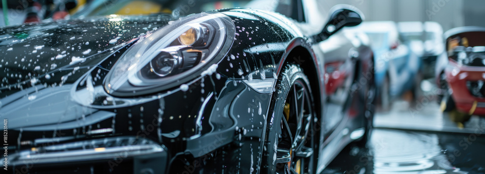 Fototapeta premium Sparkling Clean: A luxurious car undergoes a meticulous wash, glistening under the bright lights of a car wash. The image showcases the gleaming finish and meticulous care given to the vehicle.