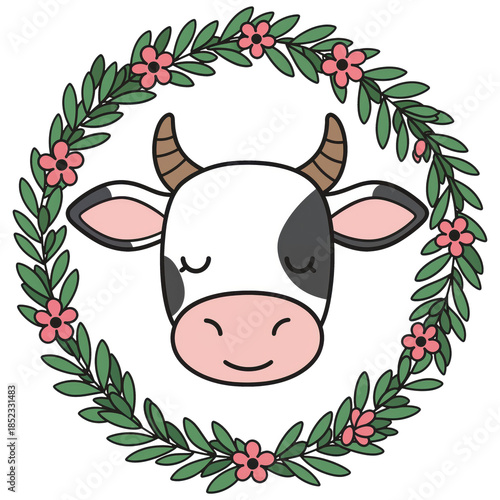 Cow and Wreath Harmony: A delightful cow, nestled within a charming wreath of vibrant leaves and delicate flowers, radiates tranquility and joy.