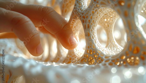 A Touch of Modern Art: A delicate, textured sculpture is explored with gentle fingers. It showcases the beauty of the interaction of design, creativity, and touch.