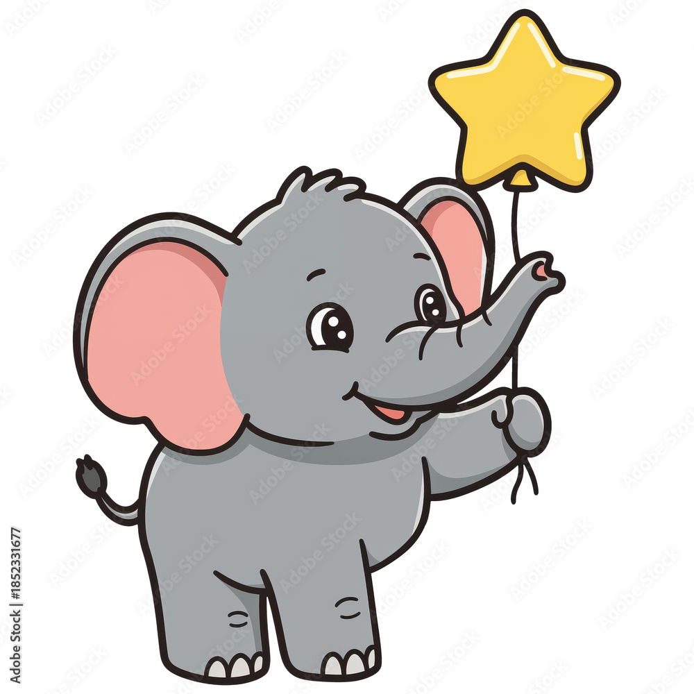 Fototapeta premium Elephant with Star Balloon: A cheerful elephant joyfully holds a bright star-shaped balloon, radiating happiness and whimsy.