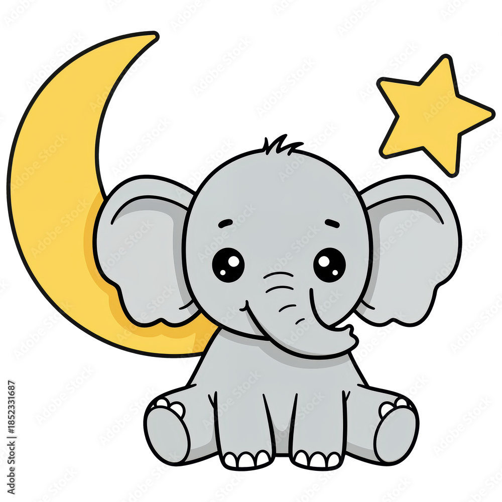 Fototapeta premium Cute Elephant Cartoon on Crescent Moon: A charming cartoon depicts a cuddly elephant seated serenely on a crescent moon under a radiant star, exuding a sense of peace.