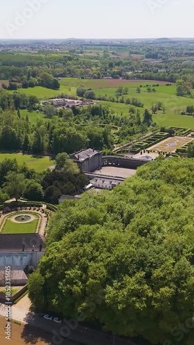 château seneffe parks surrounding green areas vibrant landscape location making aerial drone panning of de belgium tranquility beauty destination visitors 