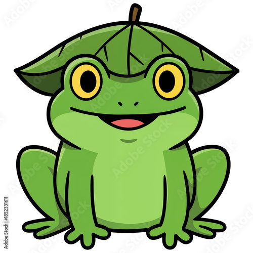 Frog in Nature's Hat: A cheerful, green frog donning a leaf hat, symbolizing harmony with nature, embodies the whimsy and wonder of the outdoors.