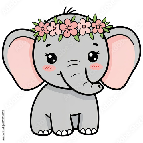 Elephant Cartoon with Flower Crown: A charming, cartoon elephant adorned with a delicate flower crown, exuding cuteness and innocence, embodying the essence of spring.