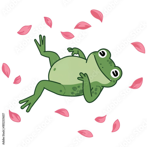 Frog's Serene Moment: An illustrated frog leisurely reclines amidst a gentle swirl of pink petals, embodying a sense of carefree joy and tranquility.