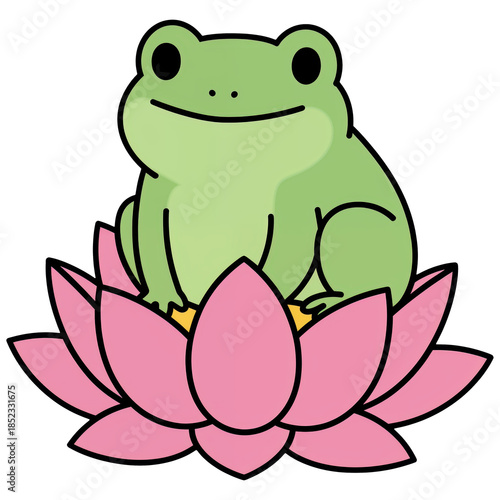 Frog in Lotus: A charming cartoon frog finds its serene perch upon a delicate lotus flower, symbolizing purity and enlightenment.