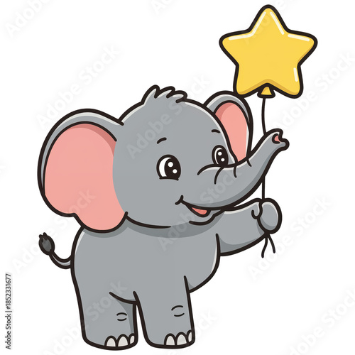Elephant with Star Balloon: A cheerful elephant joyfully holds a bright star-shaped balloon, radiating happiness and whimsy.