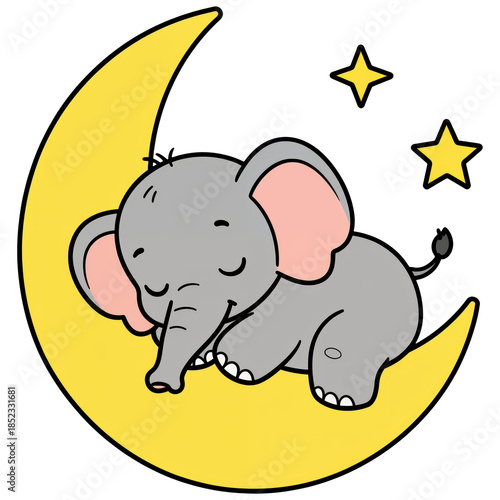 Dreaming Elephant on the Crescent Moon: A cute baby elephant peacefully sleeping on a gentle crescent moon, surrounded by twinkling stars. Evoking a sense of tranquility.