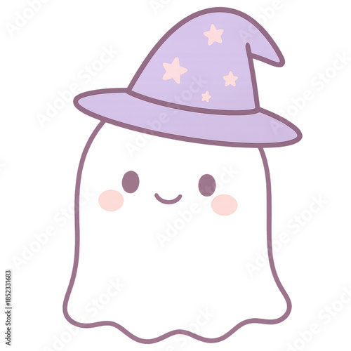 Whimsical Halloween Spirit: A charming, friendly ghost with a whimsical witch hat, exuding a playful and inviting charm perfect for adding a touch of spooky season whimsy.