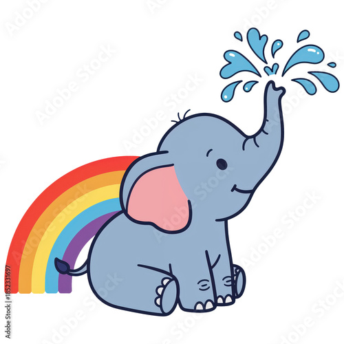 Playful Elephant with Rainbow: A cheerful elephant playfully spouts water, creating a sparkling display against a backdrop of a colorful rainbow.