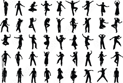 Energetic dancing people silhouette mega collection showing jumping moving joyful poses isolated on white background for party music festival lifestyle design concepts