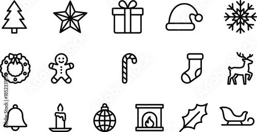 Christmas and winter holiday line icon set, minimal outline symbols for festive decoration, seasonal celebration design collection