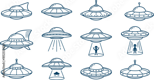 Line style UFO spaceship icon set with flying saucer outlines, alien abduction beams and sci fi space symbols