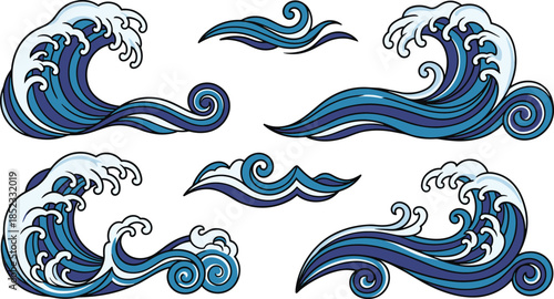 Stylized ocean wave illustration set with Japanese inspired water curls, blue sea waves, decorative surf elements, vector design