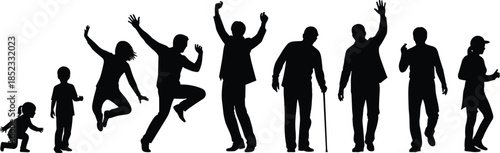 Human life stages silhouette collection showing childhood adulthood aging disability celebration movement isolated on white background for social diversity lifestyle design concepts