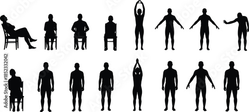 Male silhouette posture collection showing sitting standing stretching arm positions isolated on white background for anatomy fitness reference design concepts
