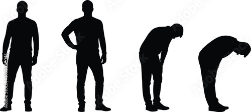 Male posture silhouette sequence showing standing relaxed and forward bending positions isolated on white background for ergonomics fitness health design concepts