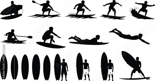 Surfer silhouette action collection showing paddling riding waves surfboards isolated on white background for ocean sport adventure beach lifestyle design concepts