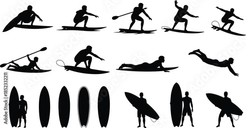 Surfer silhouette collection showing paddling riding waves boards and surfing actions isolated on white background for ocean sport adventure design concepts