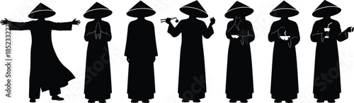 Traditional Asian musician silhouette collection wearing conical hats performing cultural poses isolated on white background for heritage folklore art design concepts