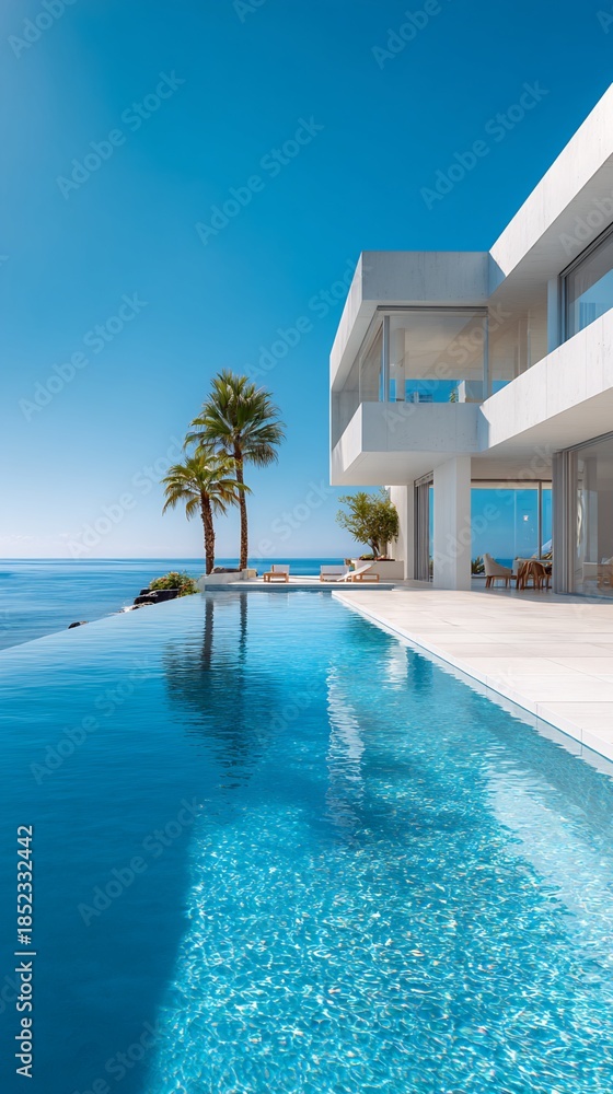 Fototapeta premium Luxurious White Villa with Infinity Pool Overlooking the Blue Sea under Clear Sky