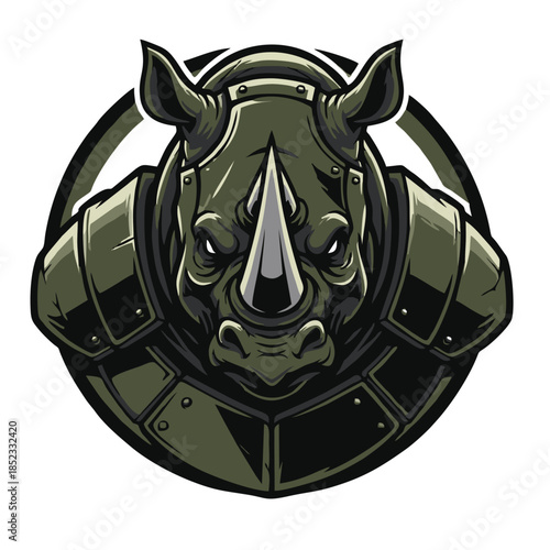 A fierce rhinoceros wearing battle armor, depicted in a circular emblem with a dark, menacing expression.