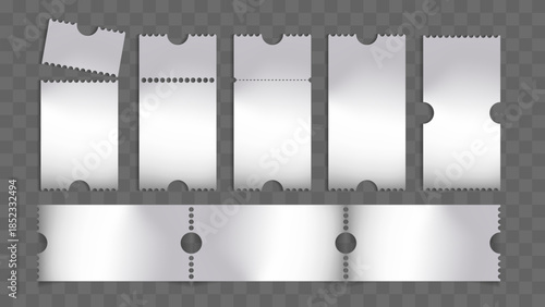 Silver Empty Ticket Template Set – Metallic Coupon, Discount Tag and Admission Ticket Mockups for Cinema, Theater, Concert, Festival and Event Entrance, Isolated Vector Illustration