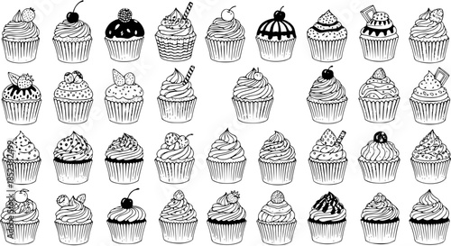 Food and Dessert Industry Black and White Line Art Cupcakes and Muffins Collection. Hand-drawn Sweet Treats Vector Illustration Set for Bakery, Cafe, and Party Designs.