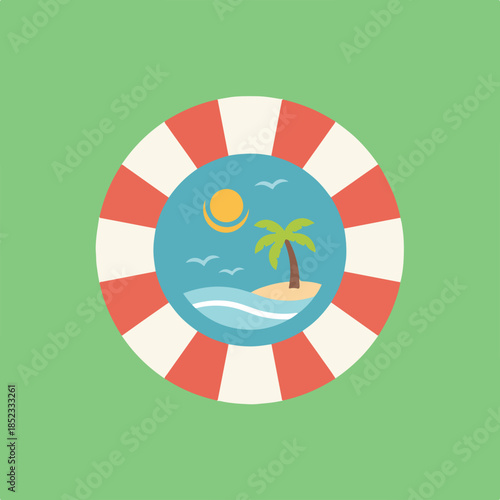 A flat design illustration depicts a summer beach scene with a palm tree, sun, and ocean waves, framed within a red and white lifebuoy.