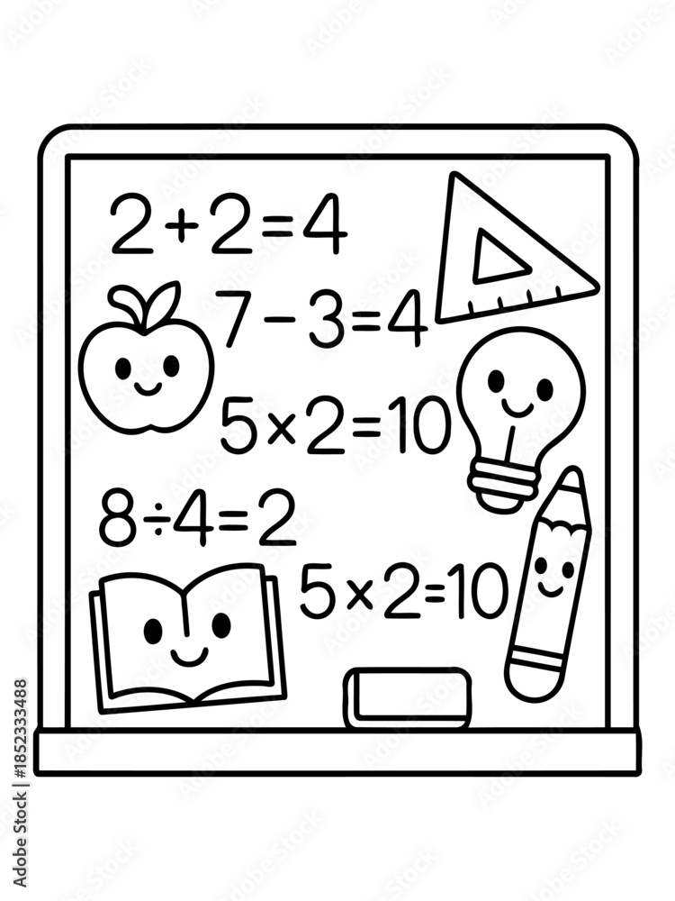 Fototapeta premium Blackboard math symbols: A charming illustration featuring a blackboard adorned with simple mathematical equations, complemented by adorable icons symbolizing knowledge and learning.