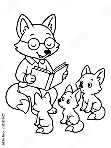 Fox's story time: A heartwarming illustration of a wise fox reading a book to his attentive kits, creating a sense of cozy togetherness.