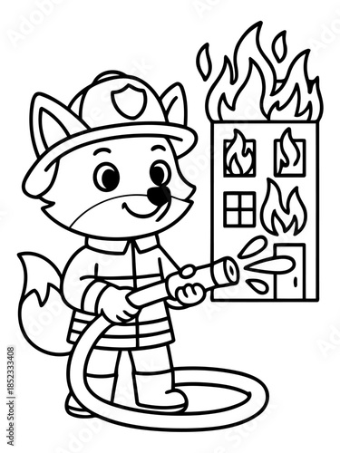 Brave Fox Firefighter: A courageous fox, clad in firefighter gear, fearlessly battles a raging blaze, demonstrating bravery and a commitment to rescue.