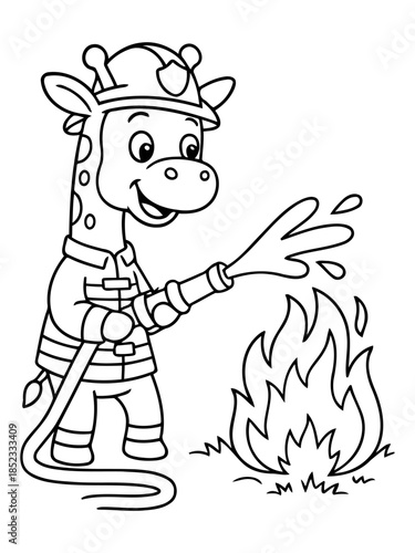 Giraffe Firefighter: A brave giraffe, dressed as a firefighter, fearlessly tackles a fiery blaze, demonstrating courage and determination.