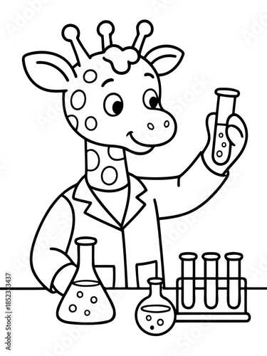 Curious Discovery: a giraffe in lab coat holding a test tube with a beaker, flasks, test tubes and conducting scientific experiment. 