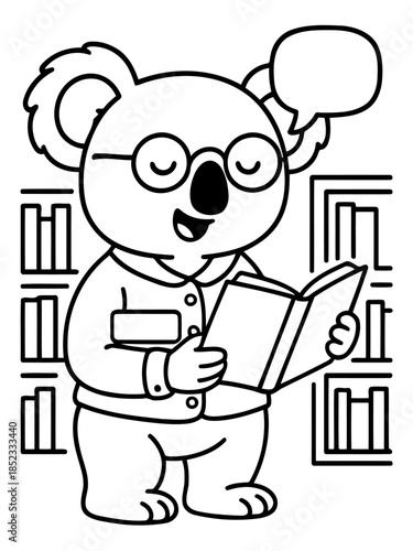 Clever Koala in the Library: An intelligent koala, adorned with glasses, finds himself engrossed in a book within a library setting.