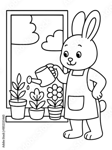 Bunny's Blooming Garden: A charming bunny tenderly waters potted plants on a window sill, a whimsical scene celebrating growth and nature's beauty.